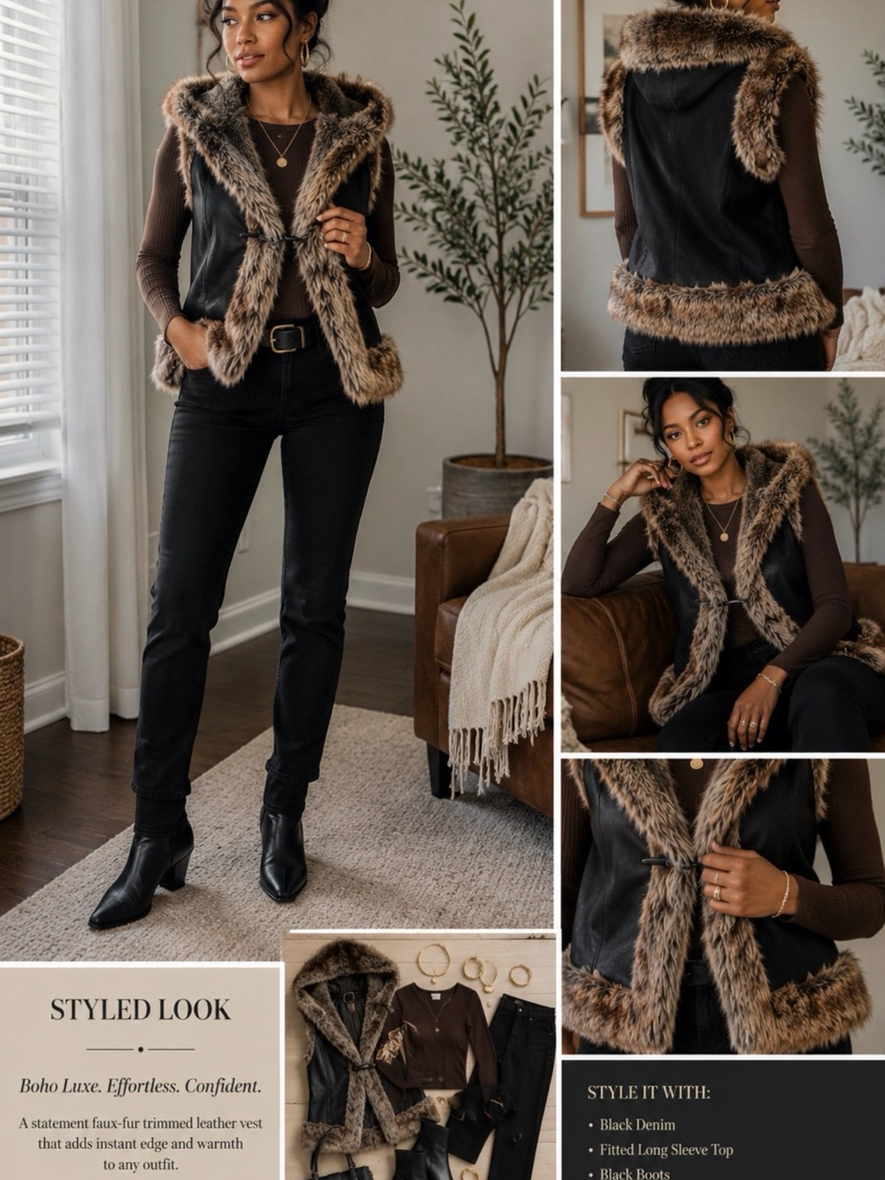 Live a Little Black Fall Winter Boho  100%Leather Vest with Brown Faux-Fur Trim